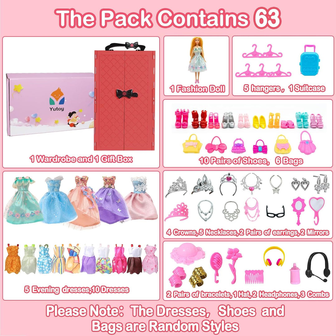 Kleiderschrank mit Puppe mit Kleidung Set，mit Puppe Prinzessin，Kleidung，Kleider，Schrank，Schuhe，Puppe