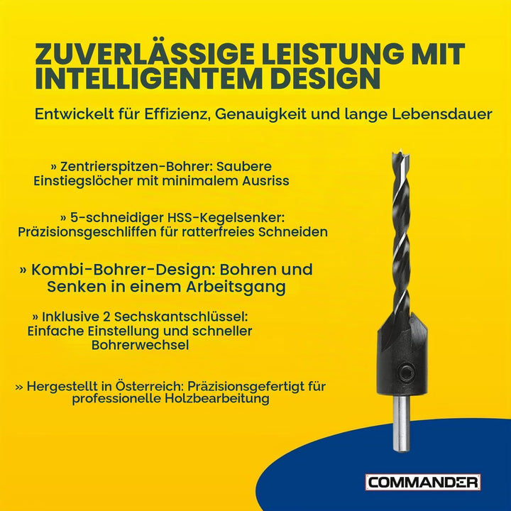FISCH - Holzspiralbohrer + Aufsteckversenker Set 8-tlg. Ø 3-4-5-6 mm
