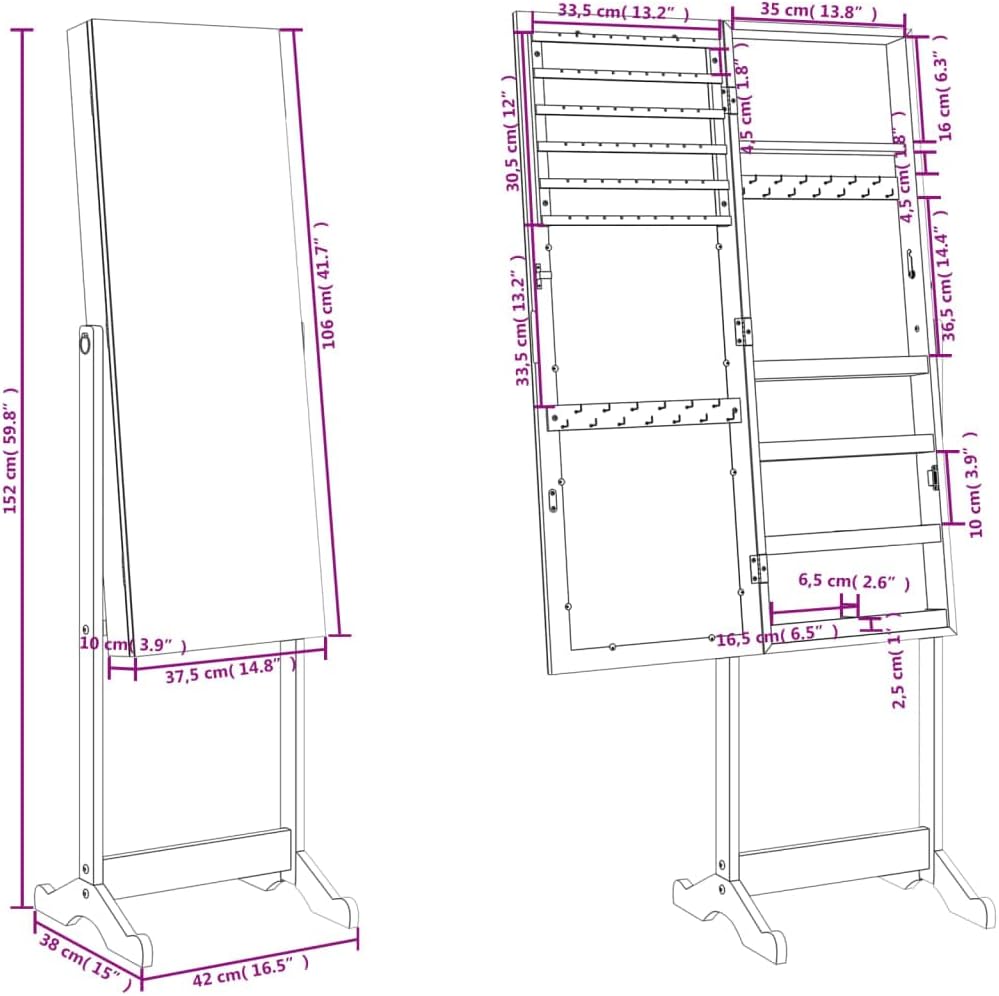 vidaXL Spiegel-Schmuckschrank Freistehend Schwarz 42x38x152 cm, Schwarz
