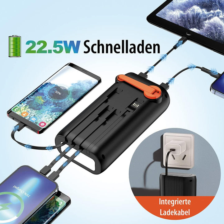 revolt Dynamo Solar Akkupack: Kurbel-Dynamo-Solar-Powerbank, 30.000 mAh, PD 20 W, Super Charge, LED