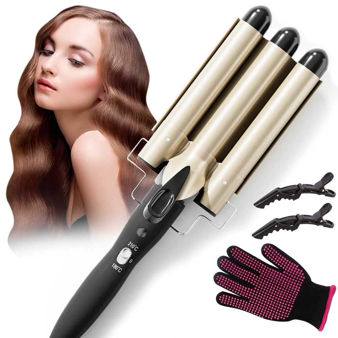 Lockenstab 3 Fässer Welleneisen 22mm Mit 2 Clips und Handschuh | Grosse Welleneisen für Haare Beach