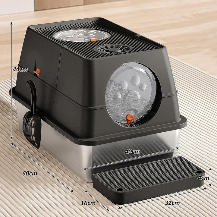 CALIYO Katzentoilette, Katzenklo Edelstahl mit Deckel, 3 in 1 Cat Litter Box, Katzenklo mit Schaufel