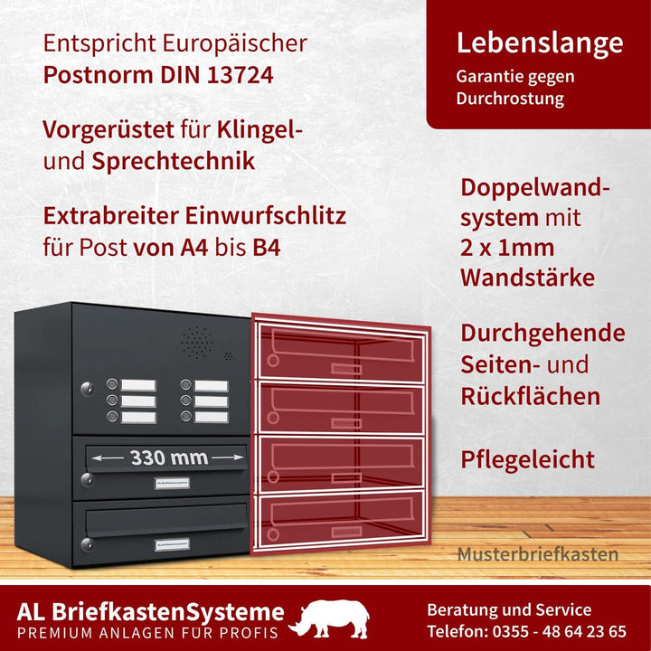 AL Briefkastensysteme 3er Briefkastenanlage mit Klingel Anthrazit Grau RAL 7016, Premium Briefkasten