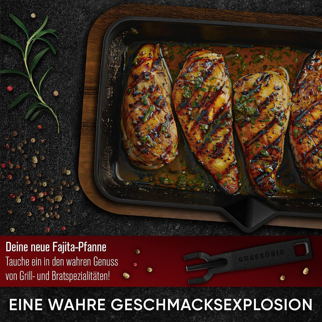 GUSSKÖNIG Fajita-Pfanne aus Gusseisen inkl. Sossenschale &amp; Servierbrett aus Akazienholz - Gusseisen