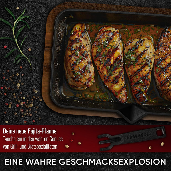 GUSSKÖNIG Fajita-Pfanne aus Gusseisen inkl. Sossenschale &amp; Servierbrett aus Akazienholz - Gusseisen