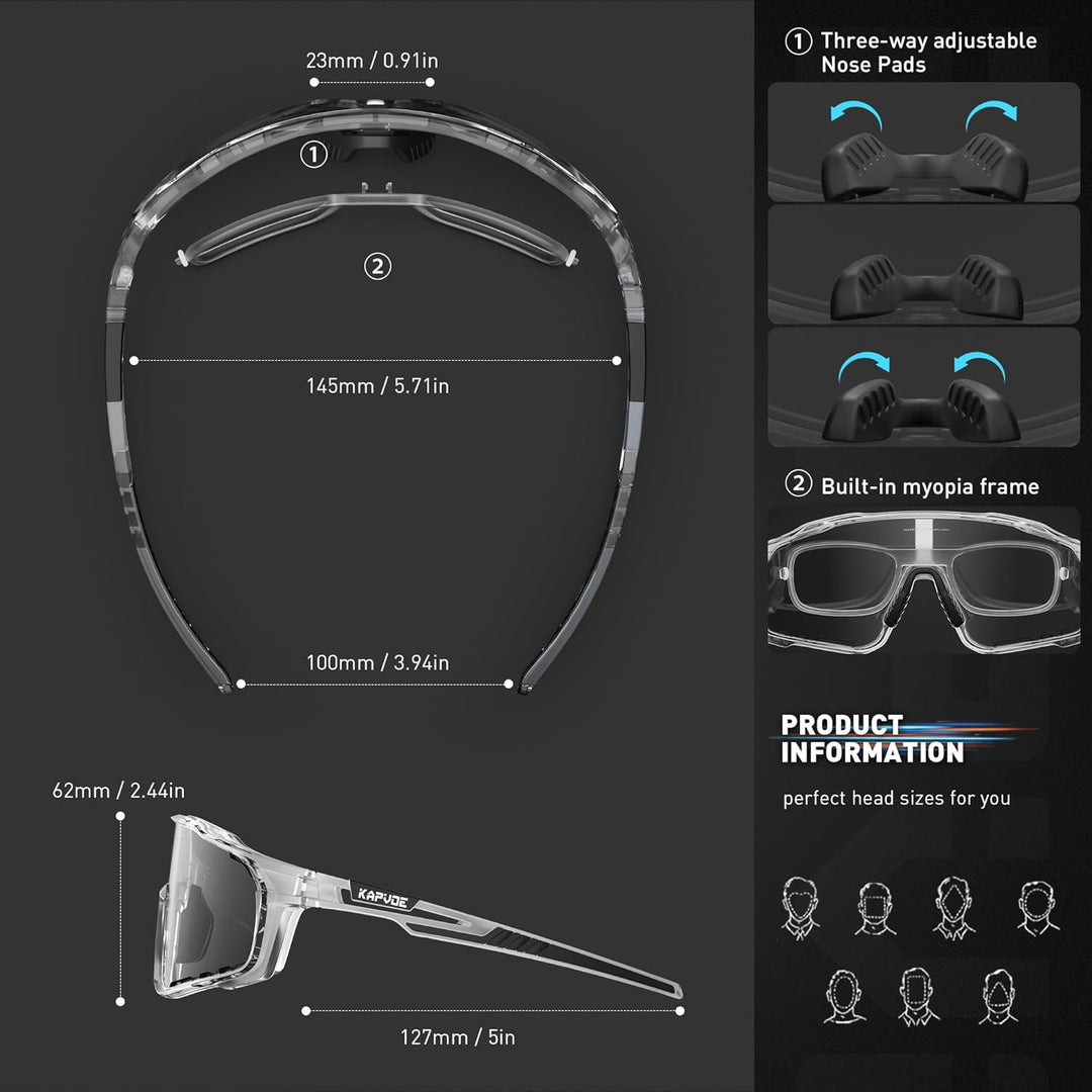 KAPVOE Photochromatische Fahrradbrille MTB Brille Selbsttönend Klar Radbrille Rennrad Sportbrille So