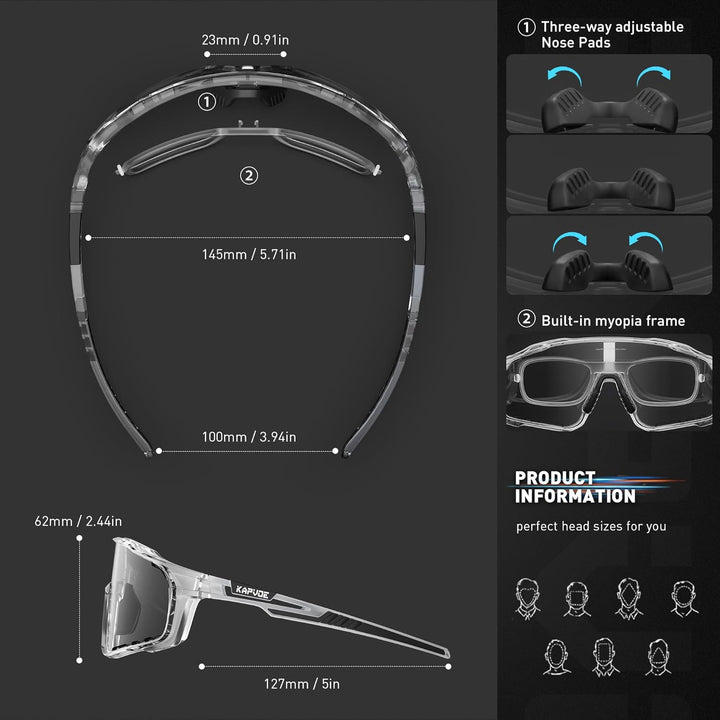 KAPVOE Photochromatische Fahrradbrille MTB Brille Selbsttönend Klar Radbrille Rennrad Sportbrille So