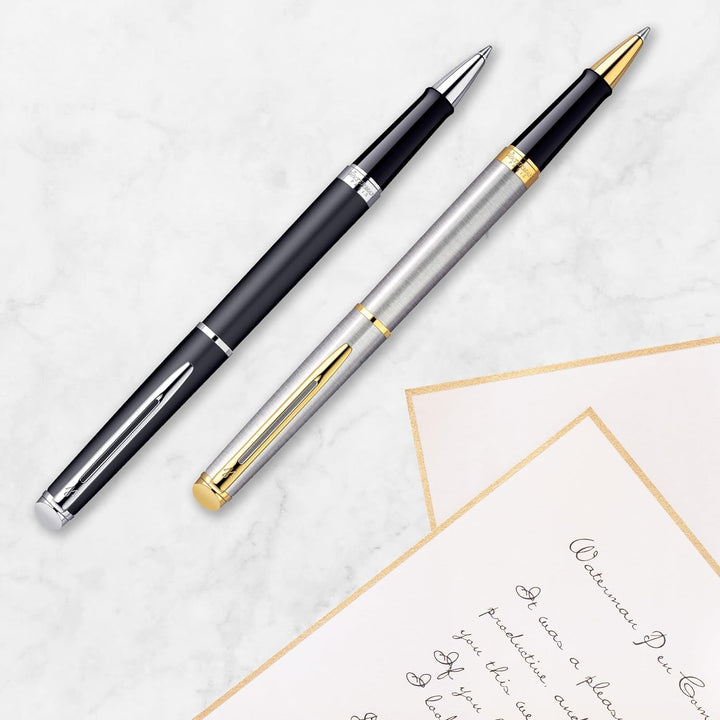 Waterman Hémisphère Tintenroller | Mattschwarz mit Goldzierteile | feine Spitze | Schwarze Tinte | G