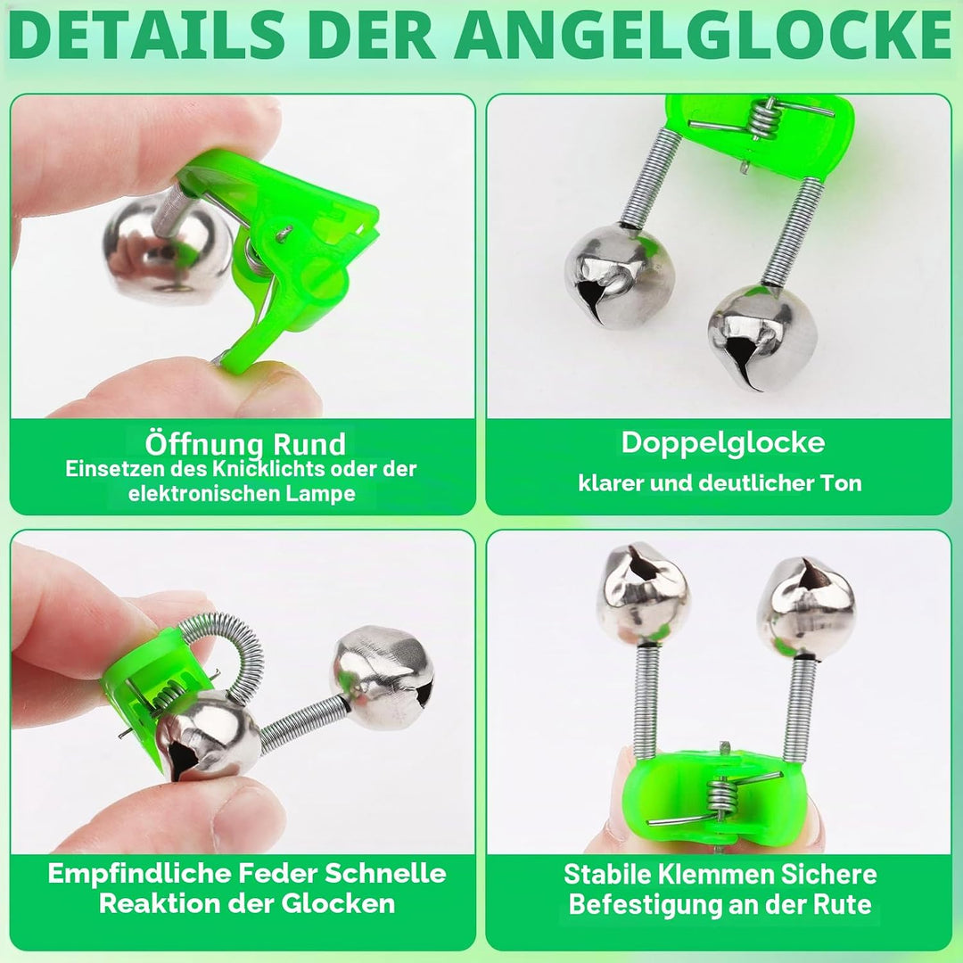Angelzubehör-Set, 12-teilig, 4 Angelrutenhalterungen, 8 Zwillingsclips, Alarmglocken Teleskop-Rutenh
