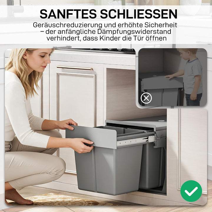 HOMCOM 31L Ausziehbarer Abfallbehälter 15L + 8L x 2, Soft-Close Untertischbehälter mit herausnehmbar