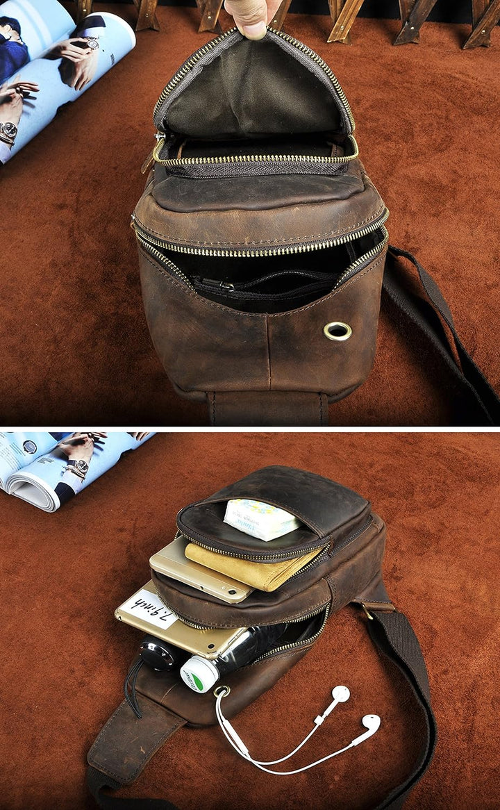 Le’aokuu Herren Echtes Leder Hüfttasche Brusttasche Bauchtsche Crossbody Bag Sling Bag Schultertsche
