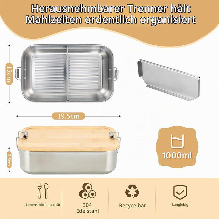 VINATO 1000ml Edelstahl Brotdose Mit Fächern, Lunchbox Erwachsene Für Schule, Arbeit &amp; Outdoor, Lunc