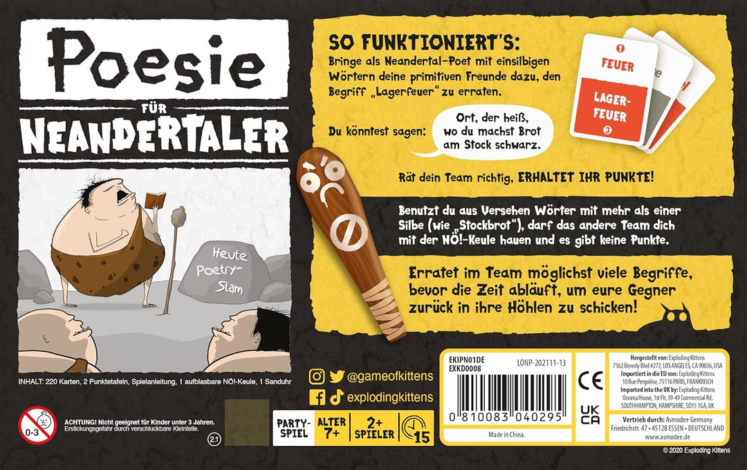 Exploding Kittens, Poesie für Neandertaler, Partyspiel, Kartenspiel, 2+ Spieler, Ab 7+ Jahren, 15 Mi