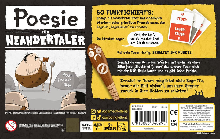 Exploding Kittens, Poesie für Neandertaler, Partyspiel, Kartenspiel, 2+ Spieler, Ab 7+ Jahren, 15 Mi