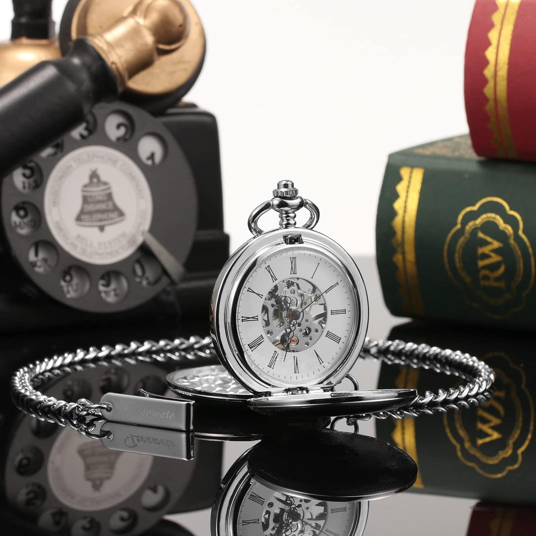 TREEWETO Herren-Taschenuhr mit doppeltem offenem Gehäuse, mechanischer Handaufzug, silberfarbene Tas