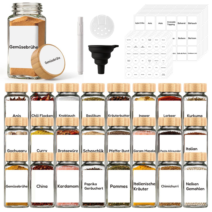 MHDCLY 24er Set Gewürzgläser Eckig mit Bambusdeckel (120ml) - Luftdichte Spice Jars &amp; Gewürzstreuer