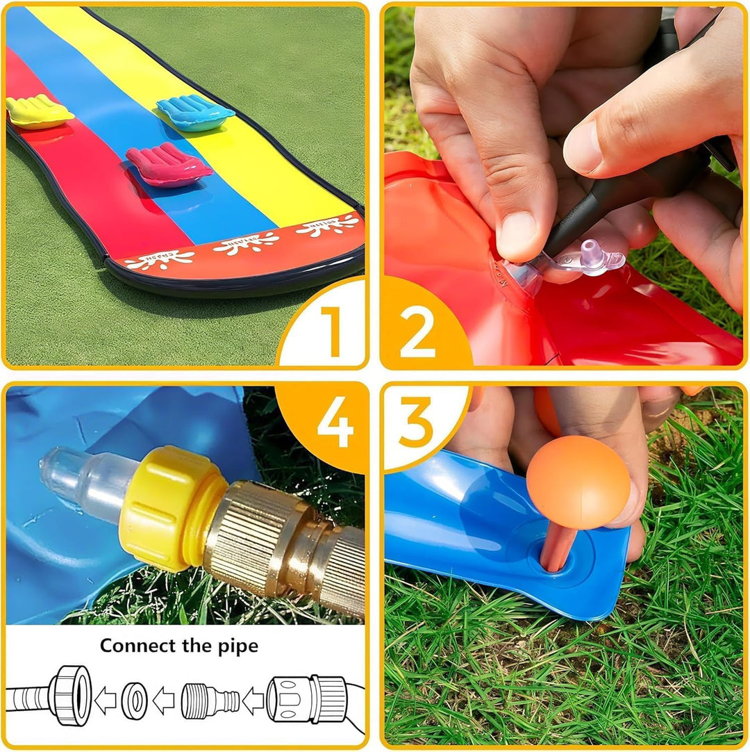 Generisch Wasserrutsche Garten für Kinder, 488 * 208CM Dreispurige Rutschbahn mit 3 Bodyboards, Wass