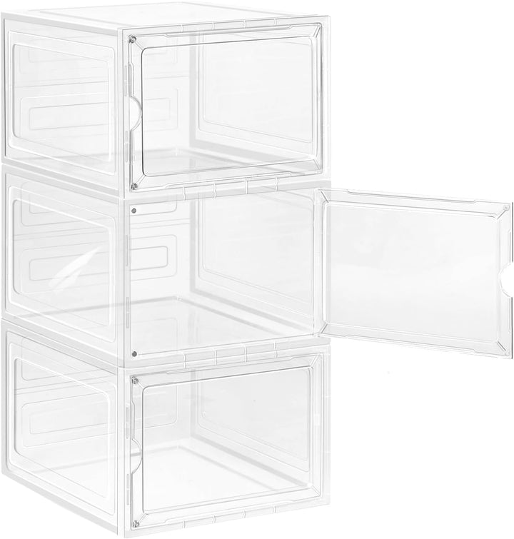 WOLTU Schuhboxen, 3er Set stapelbare Schuhbox, Schuhkarton Schuhkasten, mit magnetischer Tür, transp