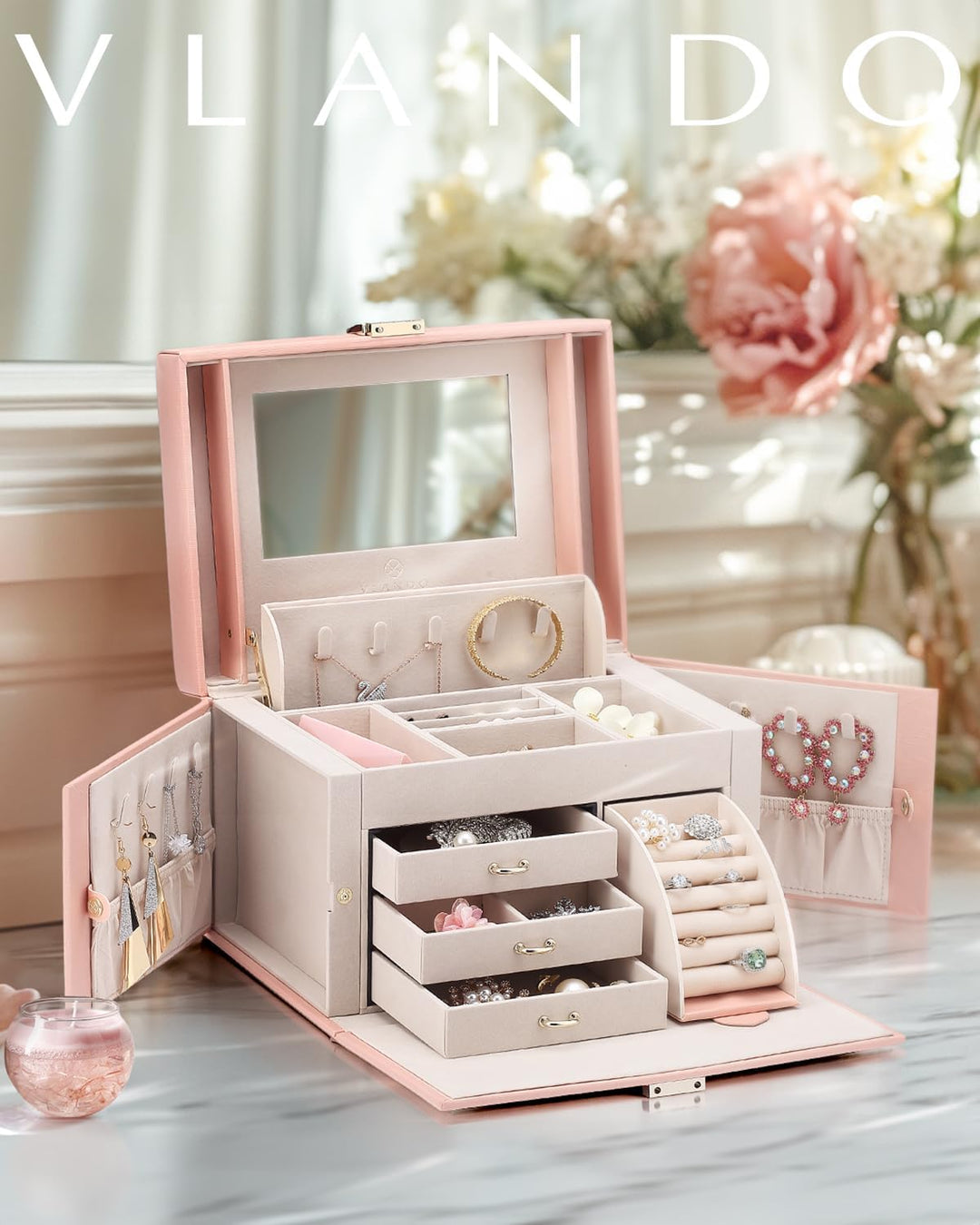 Vlando Faux Leather Jewellery Box, Hochleistungs-Schmuck-Organizer Aufbewahrungsbox mit 3 Schubladen