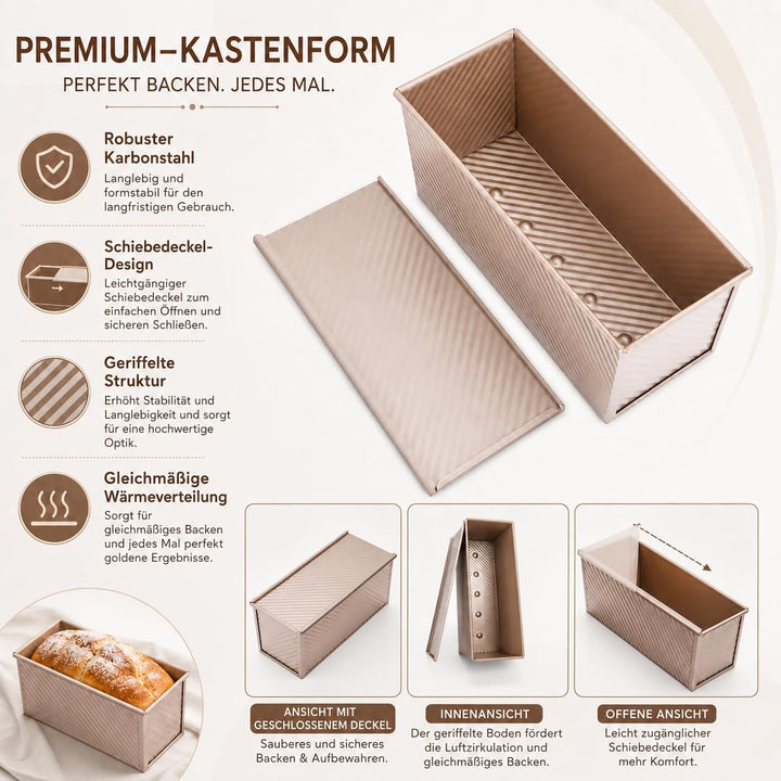 CANDeal Für 1000g Teig Toast Brot Backform Gebäck Kuchen Brotbackform Mold Backform mit Deckel(Gold-