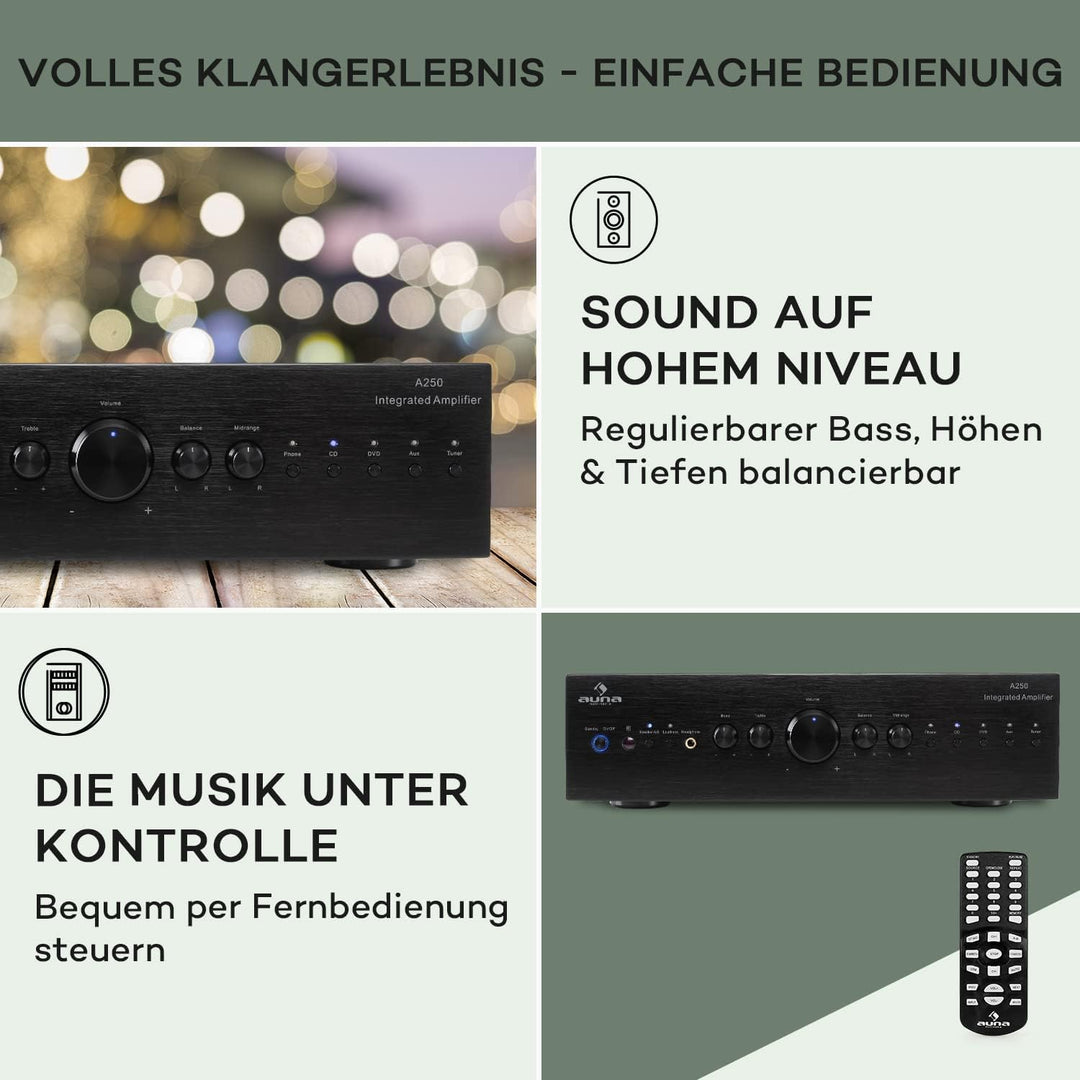 Auna Verstärker, HiFi Stereo Mini Verstärker, HiFi-Verstärker mit Bass & Treble Regler, 2 Kanal Audi
