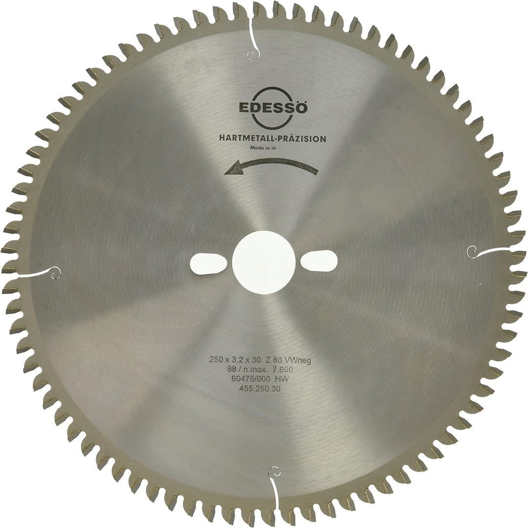 Edessö 45525030 HM-Kreissägeblatt Präzision-Spezial 2 KNL HW, Z=80 W neg, 250 x 3,2/2,2 x 30 mm, Sil