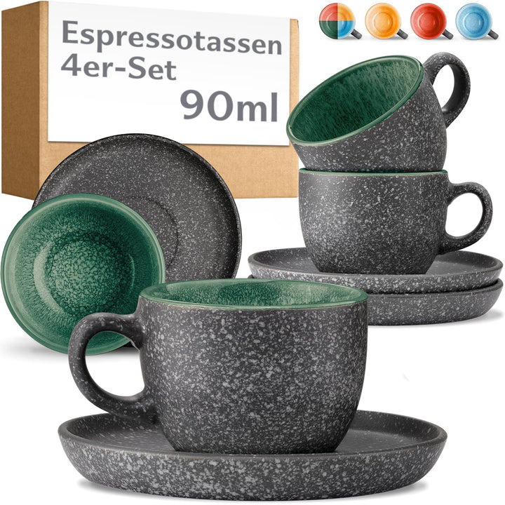 Cosumy Espressotassen mit Untertassen 4er Set - 90 ml Keramik, 𝗗𝗶𝗰𝗸𝘄𝗮𝗻𝗱𝗶𝗴𝗲𝘀 Steingut mit Handgeferti