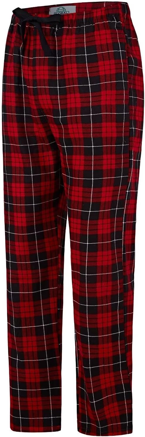 GLOBAL Herren Schlafanzughose 100% Baumwolle Flanell M Rot Kariert & Blau Kariert, M Rot Kariert & B