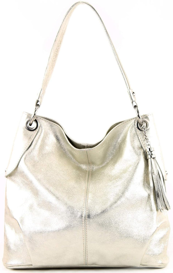 modamoda de T185 Damen Leder Schultertasche, handmade in Italy Lightgold, Lightgold