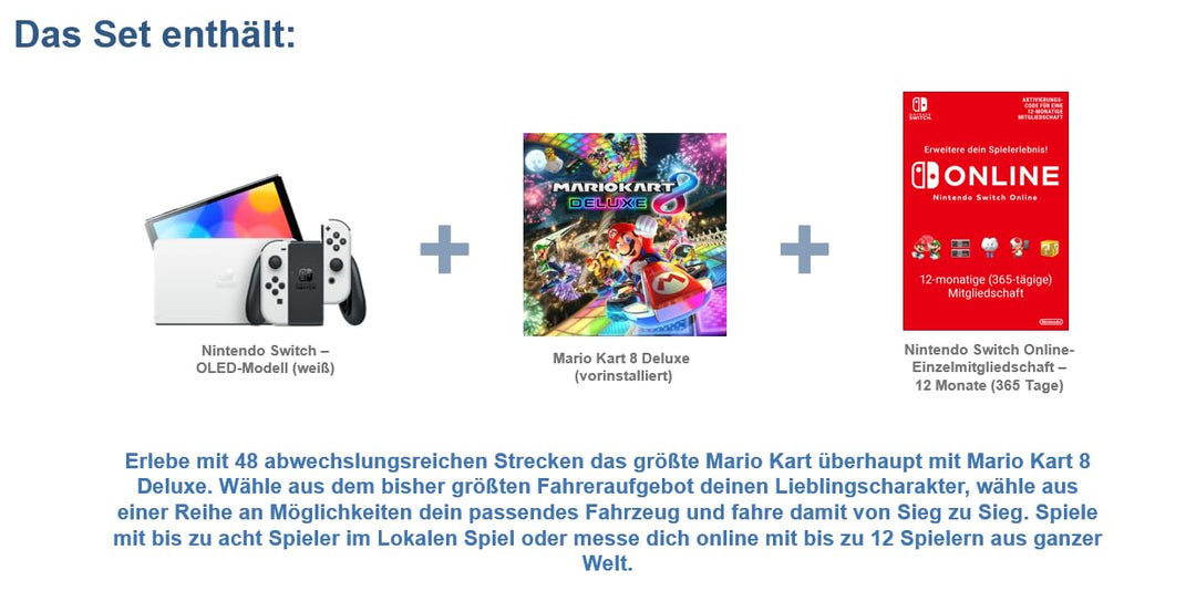 Nintendo Switch™ – OLED-Modell (weiss) + Mario Kart 8 Deluxe Switch Online – 12-monatige (365-tägige