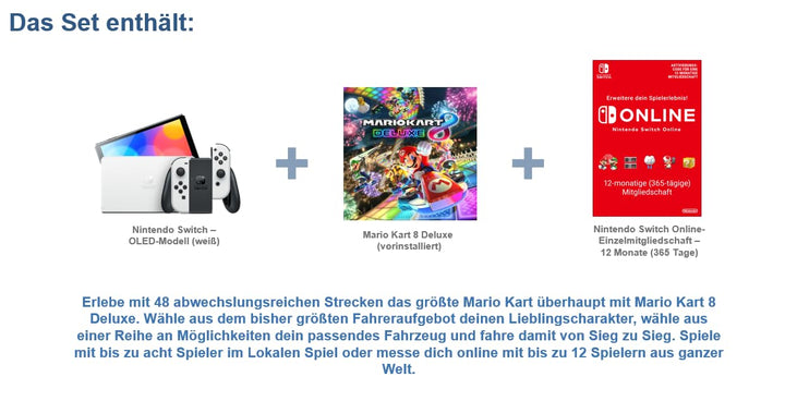 Nintendo Switch™ – OLED-Modell (weiss) + Mario Kart 8 Deluxe Switch Online – 12-monatige (365-tägige