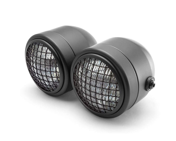Alchemy Parts Motorrad Scheinwerfer mit Netz Gitter Schwarz Dual Halogen 35W Dominator Warrior Bandi