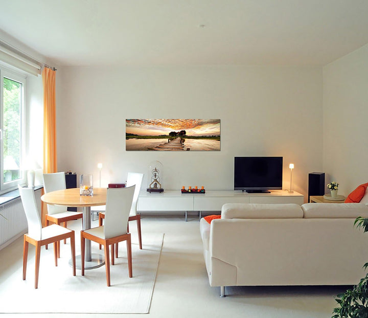 Paul Sinus Art Panoramabild auf Leinwand und Keilrahmen 150x50cm Tropen Fluss Steg Sonnenuntergang W