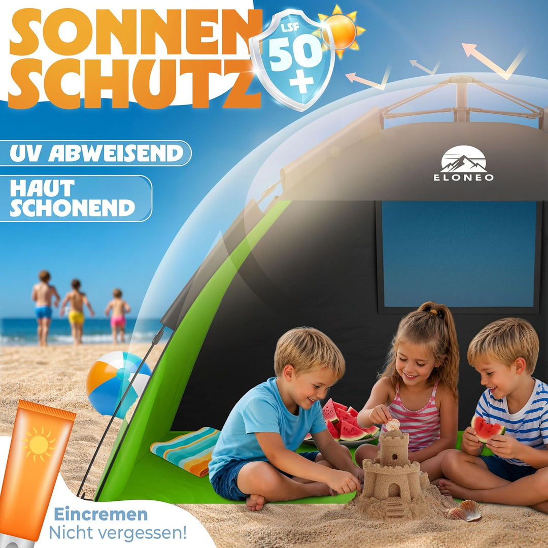 ELONEO Pop Up Strandmuschel UV Schutz 80+ | Strandzelt 190x100x110 cm | Leichter Aufbau und kleines