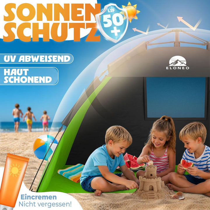 ELONEO Pop Up Strandmuschel UV Schutz 80+ | Strandzelt 190x100x110 cm | Leichter Aufbau und kleines