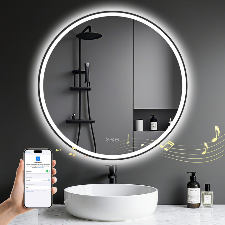 Badspiegel mit Beleuchtung 80cm - LED-Badezimmer-Spiegel Rund mit Bluetooth, Beschlagfrei, Touch-Sch