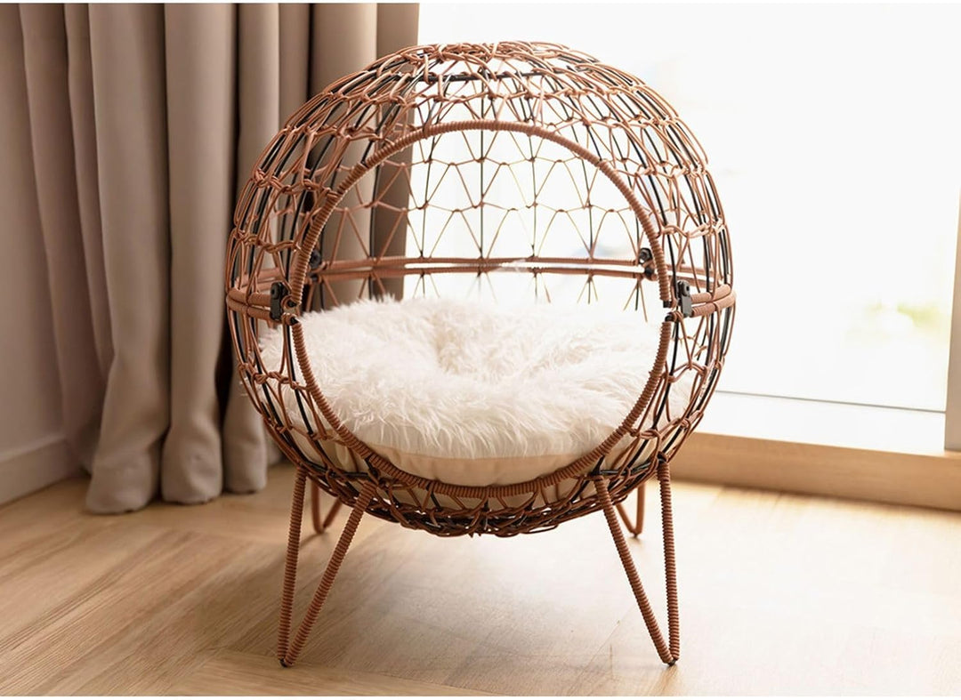 BURI Heimtier Schlafkörbchen Rattan mit Kissen 45x50cm Katze Katzenbett Kugel Schlafplatz