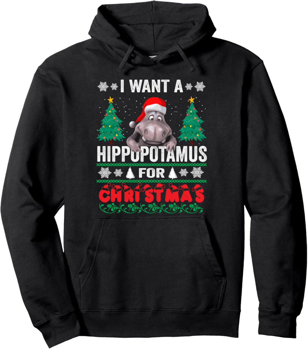 Ich möchte ein Nilpferd für Weihnachten Weihnachtsbeleuchtung Santa Nilpferd Pullover Hoodie