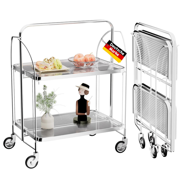 Mobile Storage Folding Trolley, Servierwagen, Dinett Ablagekorb 2 Tier Clear gehärtetes Glas with Wh