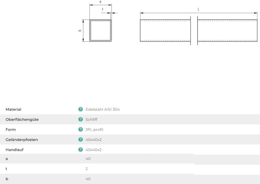 Sellon24® Edelstahl Rohr Quadratrohr 100-300cm Geländerrohr ECKIG Vierkantrohr 40 x 40 x 2,0 mm - AI