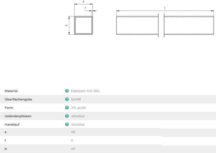 Sellon24® Edelstahl Rohr Quadratrohr 100-300cm Geländerrohr ECKIG Vierkantrohr 40 x 40 x 2,0 mm - AI