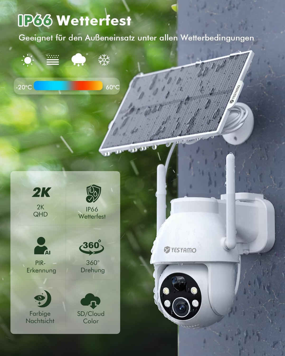 YESYAMO 2K 3MP Überwachungskamera Aussen Solar, 360° PTZ Kamera Aussen Akku | 2.4GHz Kabellos Überwa