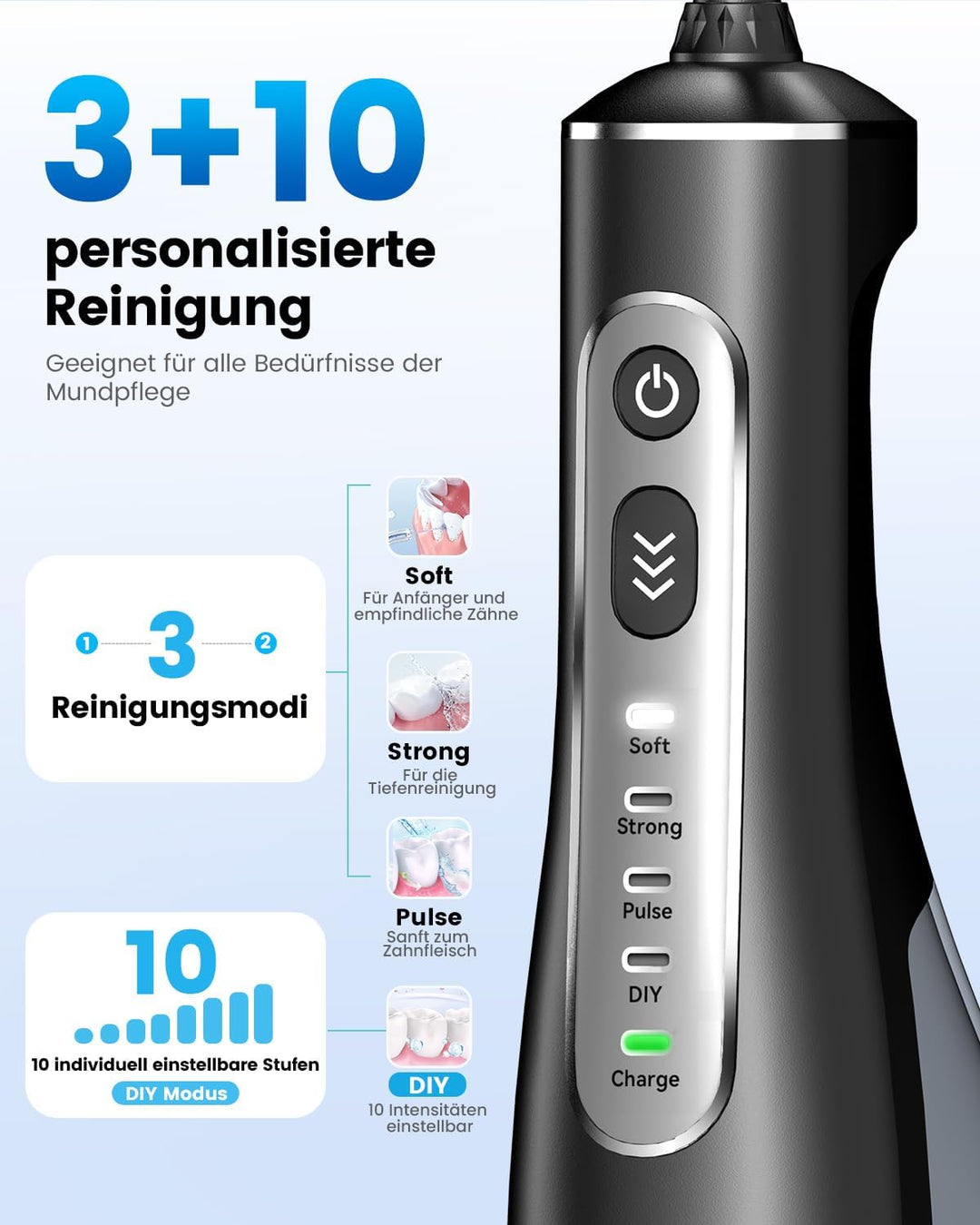 JTF Munddusche Kabellos Elektrische 300ML Wassertank, 10 Stufen Stufenlose Modi Testsieger 2026, IPX