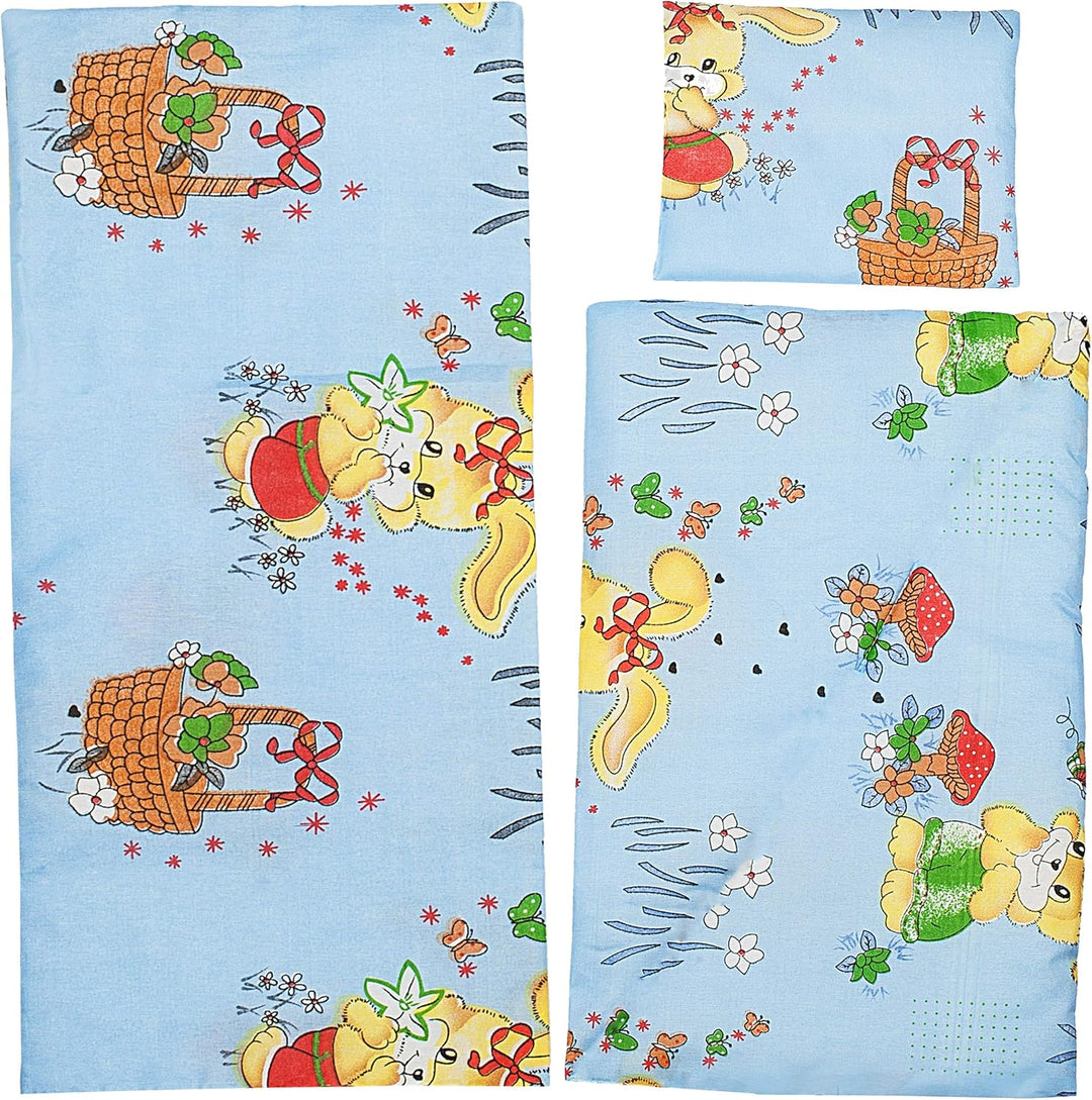 6 TLG. Set 2 Stück Puppendecken & 2 Kissen - mit 2 Unterlagen - aus 100% Baumwolle - Stoff - Bettwäs