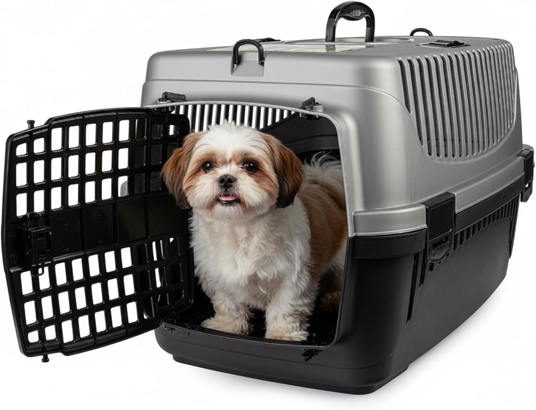HAPPET Tiertransportbox Polly M Grau & Schwarz 55x36,5x33 cm – Robuste, gut belüftete Transportbox a