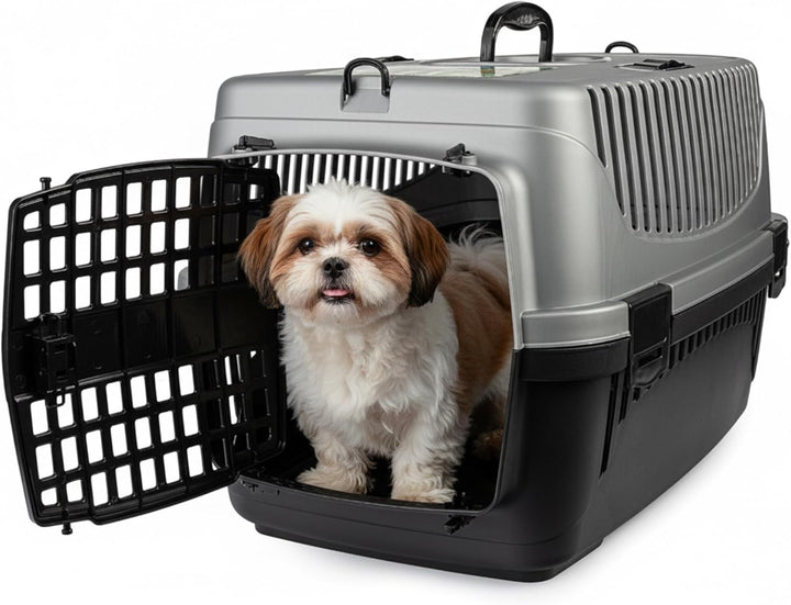 HAPPET Tiertransportbox Polly M Grau & Schwarz 55x36,5x33 cm – Robuste, gut belüftete Transportbox a