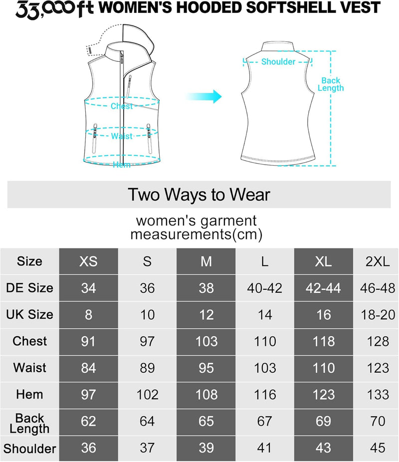 33,000ft Damen Softshell Westen mit Abnehmbare Kapuze Fleece Gefütterte Ärmellose Jacke Wasserdichte