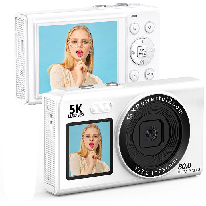 Digitalkamera 5K 80MP Kamera Fotokamera mit 2,4" LCD Screen & 1,5" Selfie Display, 18X Digitalzoom,