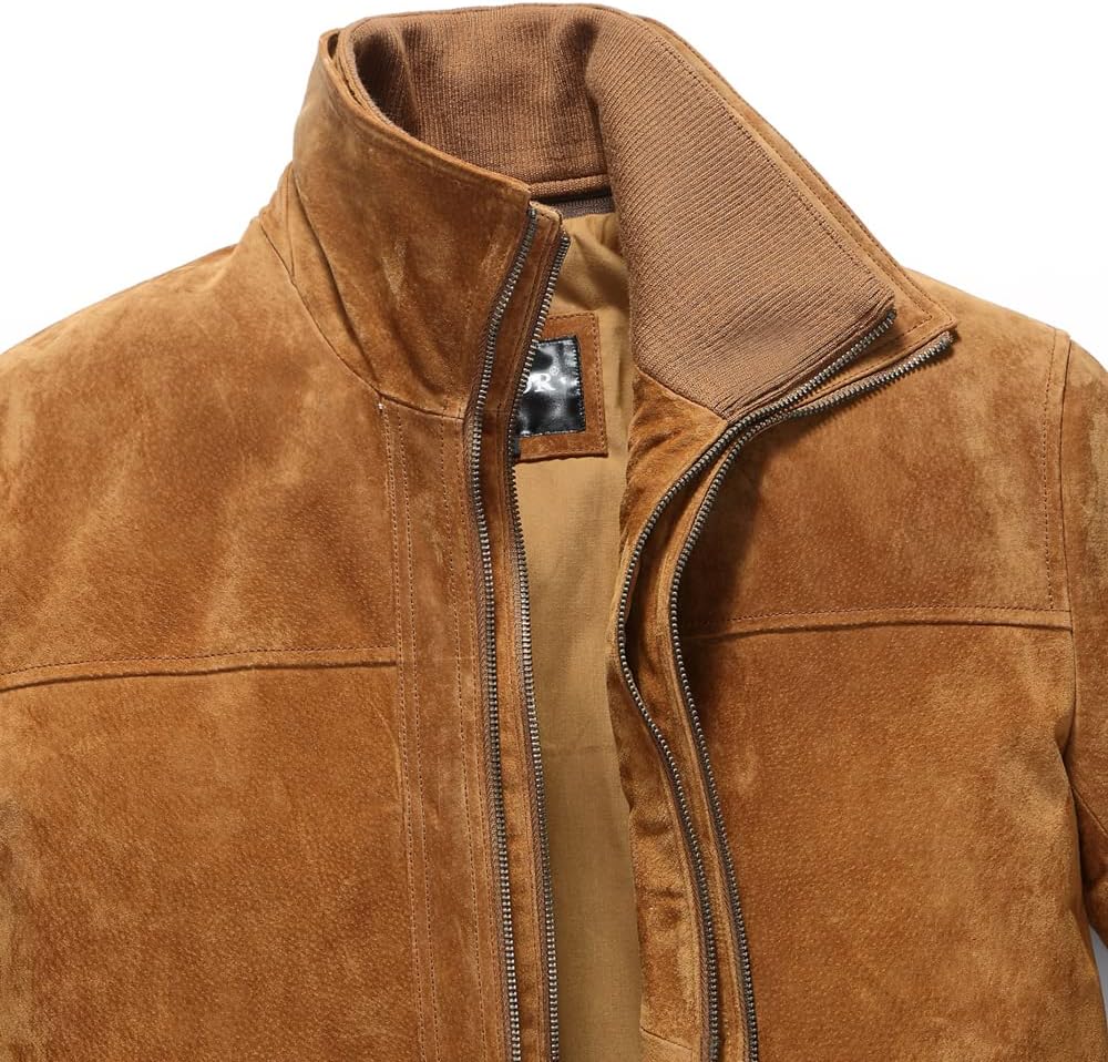 FLAVOR Herren Lederjacke Wildleder Jacke Baumwolle Gefüttert Mit Abnehmbares Kragen Freizeitjacke M