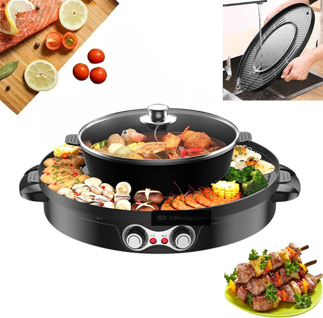 2200W Electric Grill and Hot Pot 2 in 1, Round Table BBQ Grill with Dual Split Non-Stick Pan, 220V C
